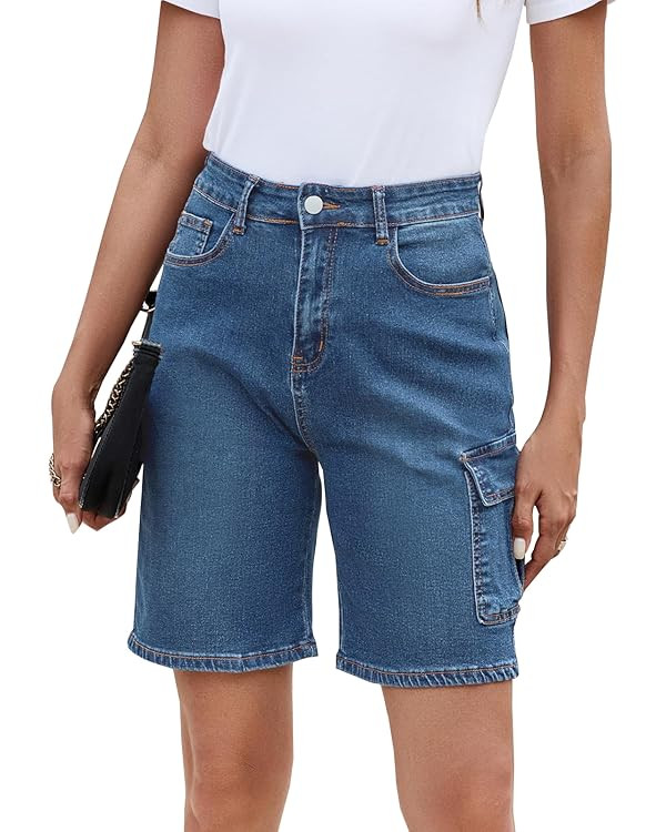 Womens Jean Shorts High Waisted Stretchy Bermuda Shorts Trendy Casual Denim Shorts Loose Fit | Amazon (US)