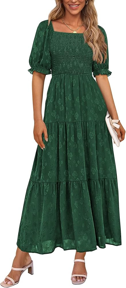 PRETTYGARDEN Women's Summer Casual Midi Dresses Square Neck Short Sleeve Smocked A Line Floral Fl... | Amazon (US)