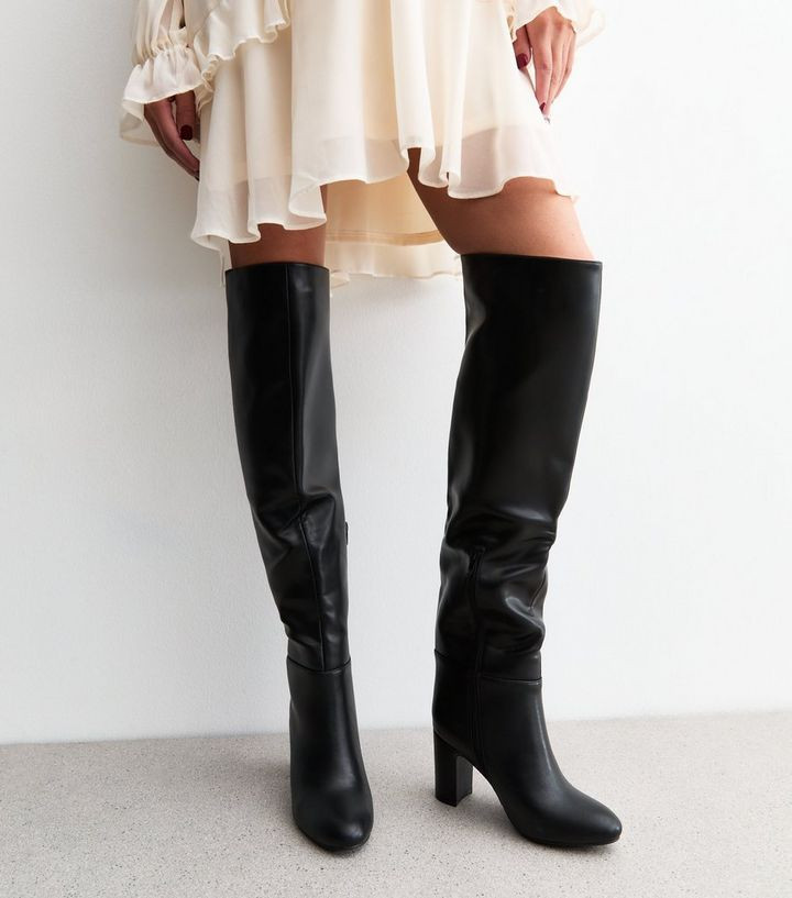 Black Faux Leather Heeled Knee High Boots | New Look | New Look (UK)