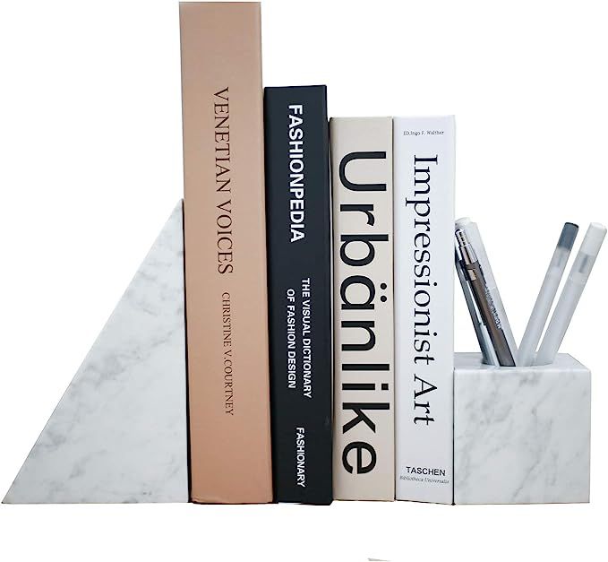 JIMEI Natural Marble Bookends Pen Pencil Holder for Desk Makeup Brush Holder Marble Bathroom Acce... | Amazon (US)