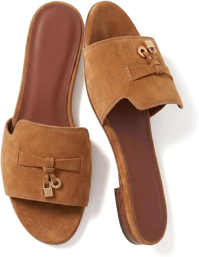 Suede Flat Sandals for Women Slip-On Almond Open Toe Backless Mule Sandals Elegant Metal Decor Comfort Dress Slides Shoes | Amazon (US)