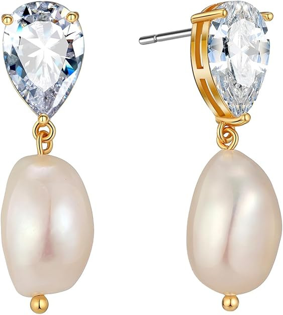 Natural Freshwater Pearl Earrings Cubic Zirconia Simulated Diamond Earring Baroque Pearl Drop Ear... | Amazon (US)