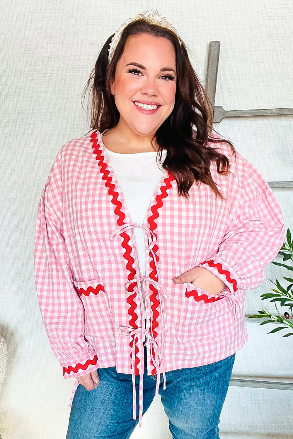 Spell Bound Red & Pink Cotton Ribbon Tie Gingham Pocket Jacket Medium | Casual Chic Boutique