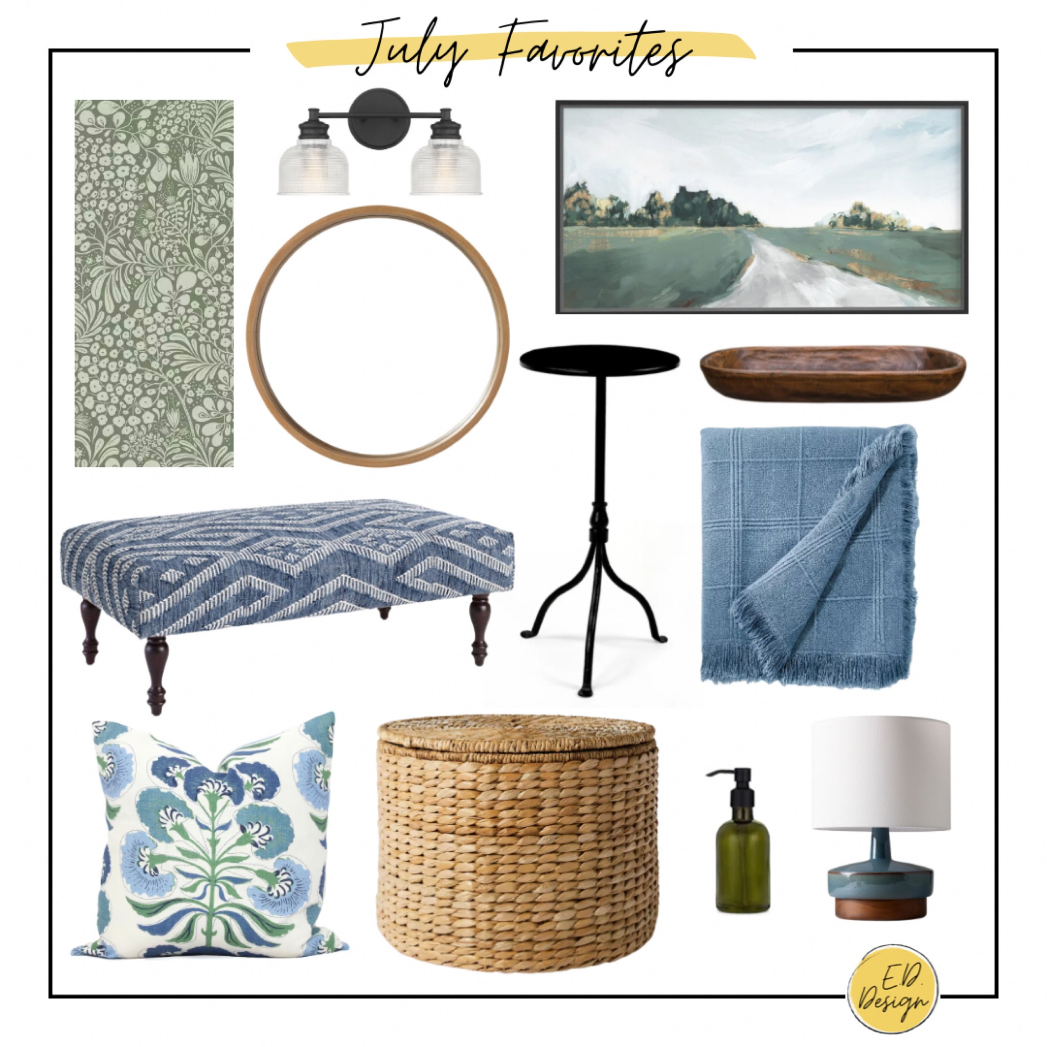 July favorites ✨ Friday finds, favorite finds, home finds, home decor, summer home, blue ottoman, storage table, wicker, blue lamp, oil painting, vanity light, green wallpaper

#LTKhome #LTKFind