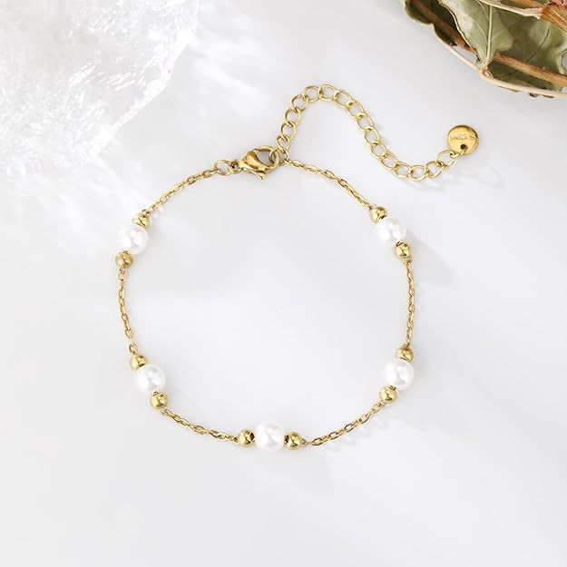 Gold Pearl Bracelets for Women Trendy 14k Gold Plated Dainty Pearl Beaded Bracelets Adjustable Ch... | Amazon (US)