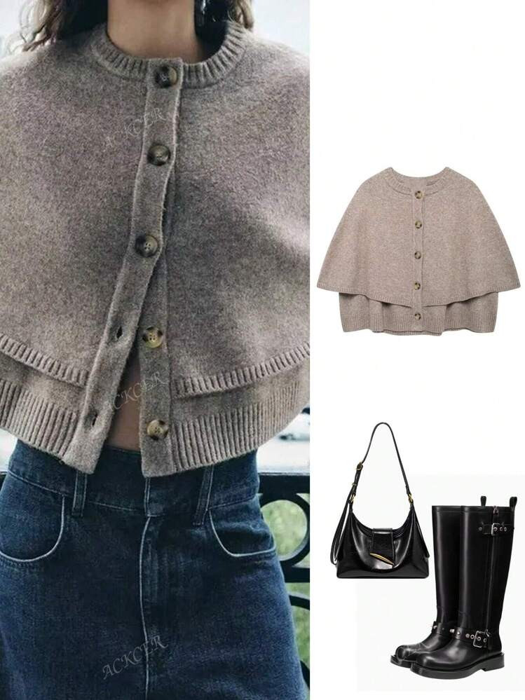 Women's Fashionable And Versatile Commuting Cape Design Round Neck Knitted Sweater Tops | SHEIN