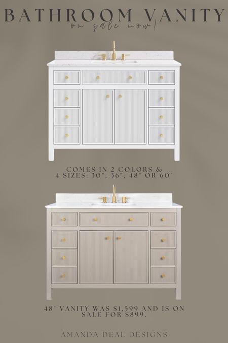 Reeded Bathroom Vanity on sale now! Comes in 2 colors & 4 sizes: 30”, 36”, 48” or 60”! 

Find more content on Instagram @amandadealdesigns for more sources and daily finds from crate & barrel, CB2, Amber Lewis, Loloi, west elm, pottery barn, rejuvenation, William & Sonoma, amazon, shady lady tree, interior design, home decor, studio mcgee x target, bedroom furniture, living room, bedroom, bedroom styling, restoration hardware, end table, side table, framed art, vintage art, wall decor, area rugs, runners, vintage rug, target finds, sale alert, tj maxx, Marshall’s, home goods, table lamps, threshold, target, wayfair finds, Turkish pillow, Turkish rug, sofa, couch, dining room, high end look for less, kirkland’s, Ballard designs, wayfair, high end look for less, studio mcgee, mcgee and co, target, world market, sofas, loveseat, bench, magnolia, joanna gaines, pillows, pb, pottery barn, nightstand, throw blanket, target, joanna gaines, hearth & hand, floor lamp, world market, faux olive tree, throw pillow, lumbar pillows, arch mirror, brass mirror, floor mirror, designer dupe, counter stools, barstools, coffee table, nightstands, console table, sofa table, dining table, dining chairs, arm chairs, dresser, chest of drawers, Kathy kuo, LuLu and Georgia, Christmas decor, Xmas decorations, holiday, Christmas Eve, NYE, organic, modern, earthy, moody

#LTKstyletip #LTKsalealert #LTKhome