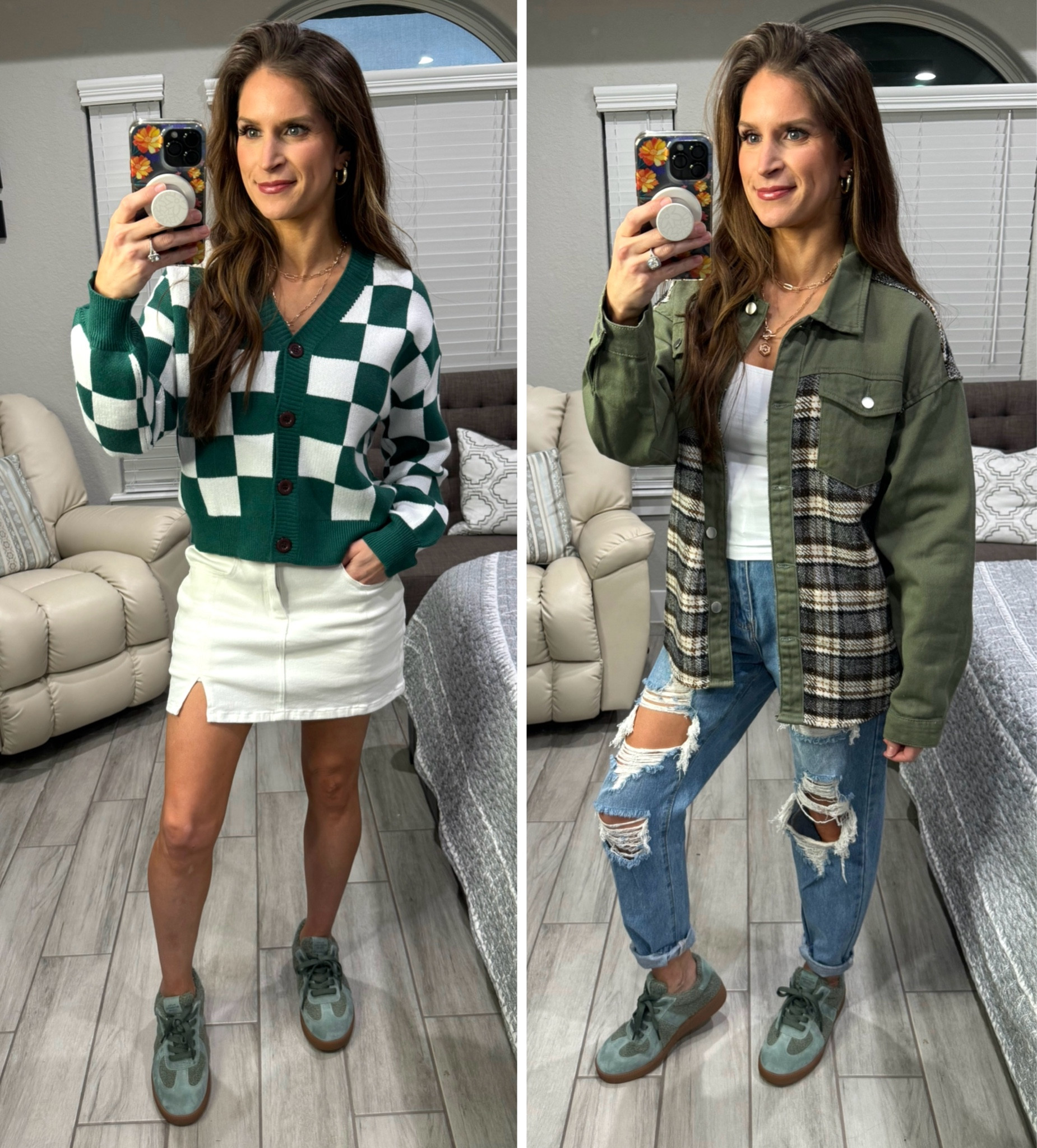 Two Fall outfits styling the cutest leather/sherpa sneakers! They’re also lined with faux fur so they’re comfy & cozy too. They also come in navy & a khaki color! They run TTS. Wearing small in everything (XS distressed denim jeans).

#LTKSeasonal #LTKShoeCrush #LTKStyleTip