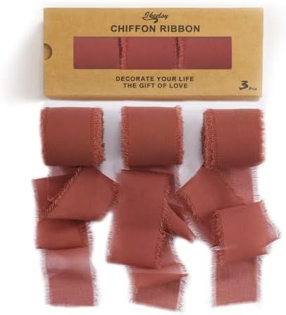 Chiffon Ribbon Fringe Gift Ribbon 3 Rolls 1.5" Wide x 7 Yd Rust Red Ribbons Set for Wedding Decor... | Amazon (US)