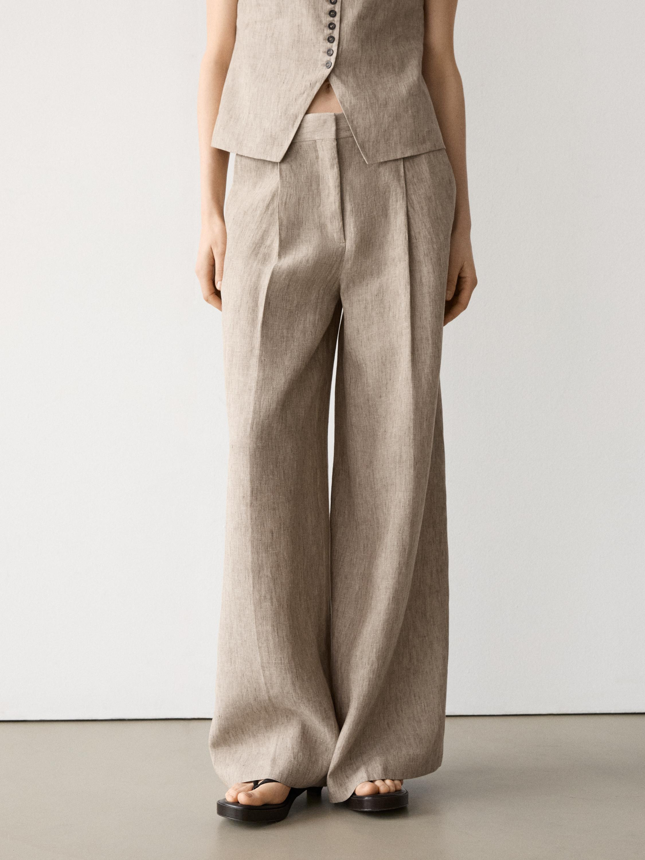 Linen melange trousers with pleated details | Massimo Dutti UK