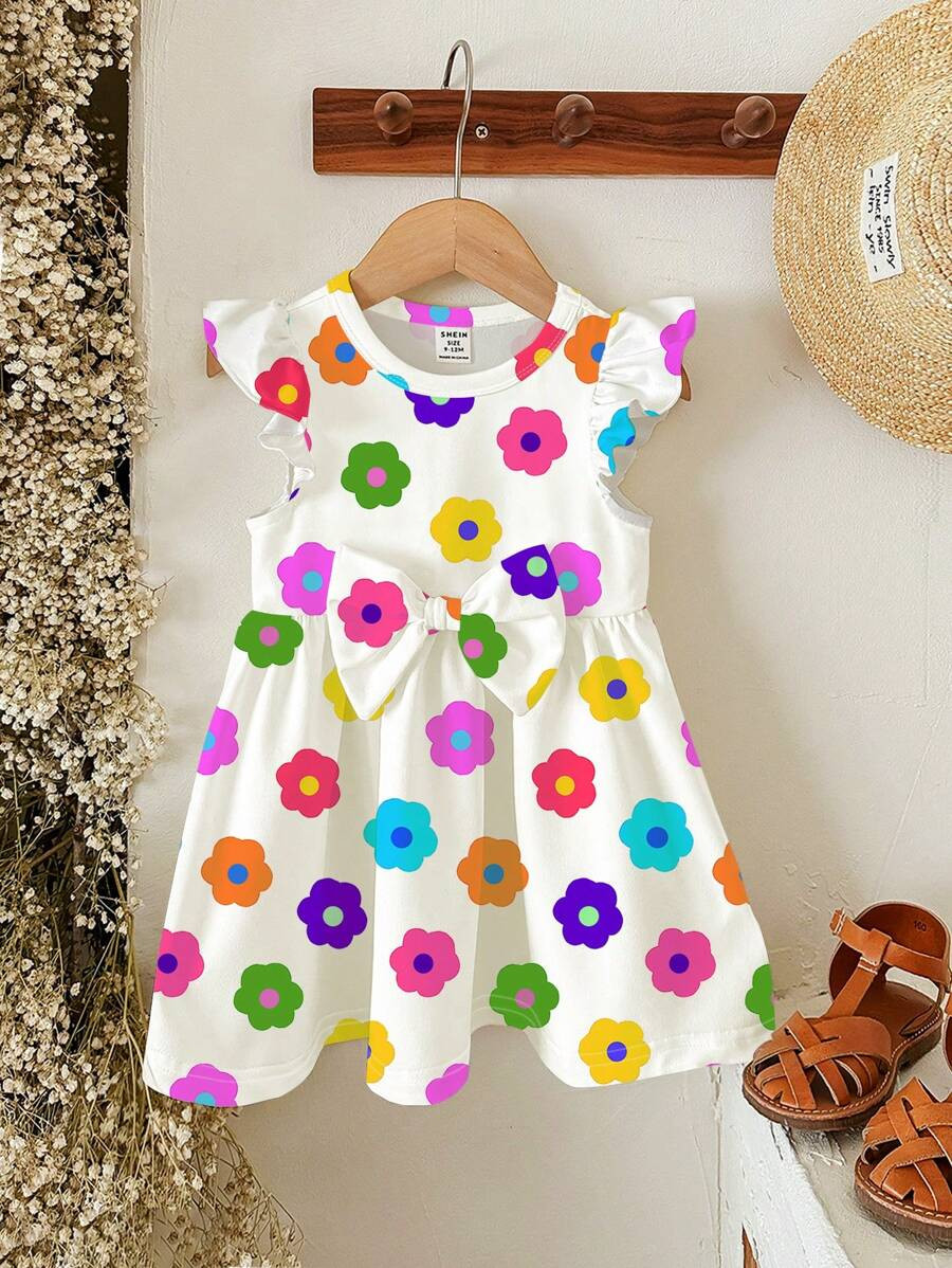 SHEIN ModeFlare Wear 2pcs Baby Girl Sweet Butterfly & Floral Print Sleeveless Dress Set, Summer | SHEIN