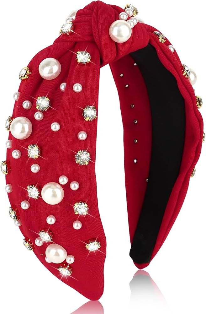 Red Headband for Women Pearl Knotted Headband Sparkly Rhinestone Pearls Top Knotted Headbands Wom... | Amazon (US)