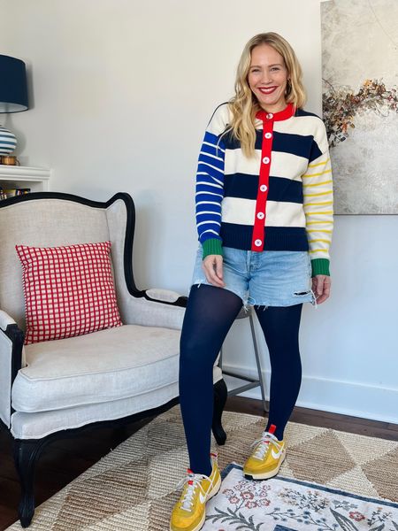 Weekend casual outfit of the day - Amazon navy tights under agolde denim shorts, yellow sneakers, Boden stripe cardigan sweater (new arrival selling fast and 15% off!, tortoise hoop earrings
❤️ Claire Lately 

#LTKSeasonal #LTKsalealert #LTKstyletip