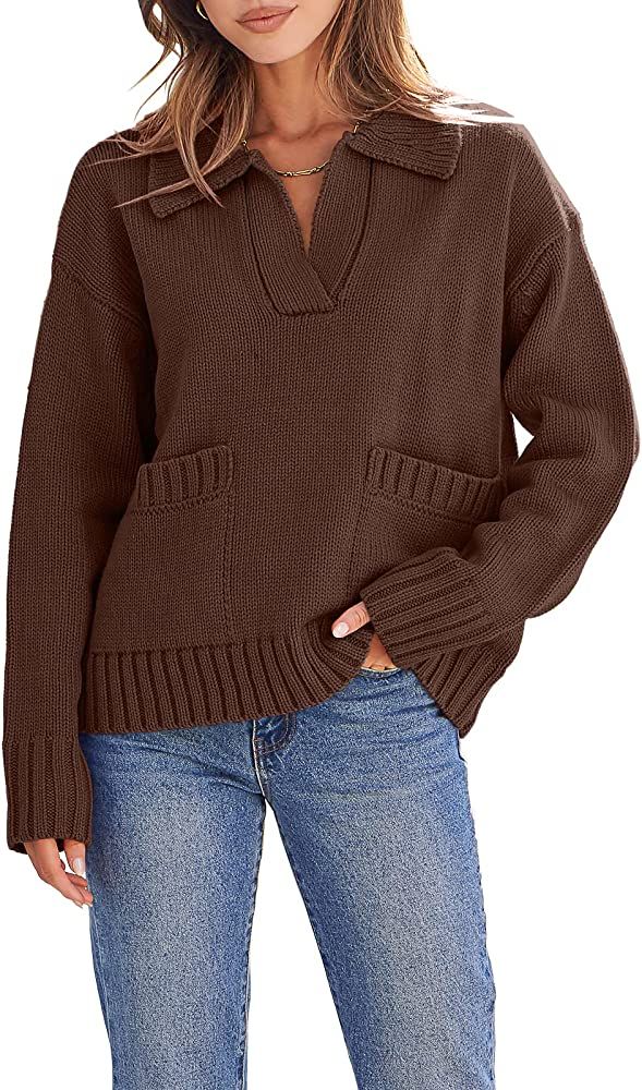 Caracilia Women's V Neck Knit Sweater Loose Long Sleeve Collared Pullover Jumper Tops with Pocket | Amazon (US)