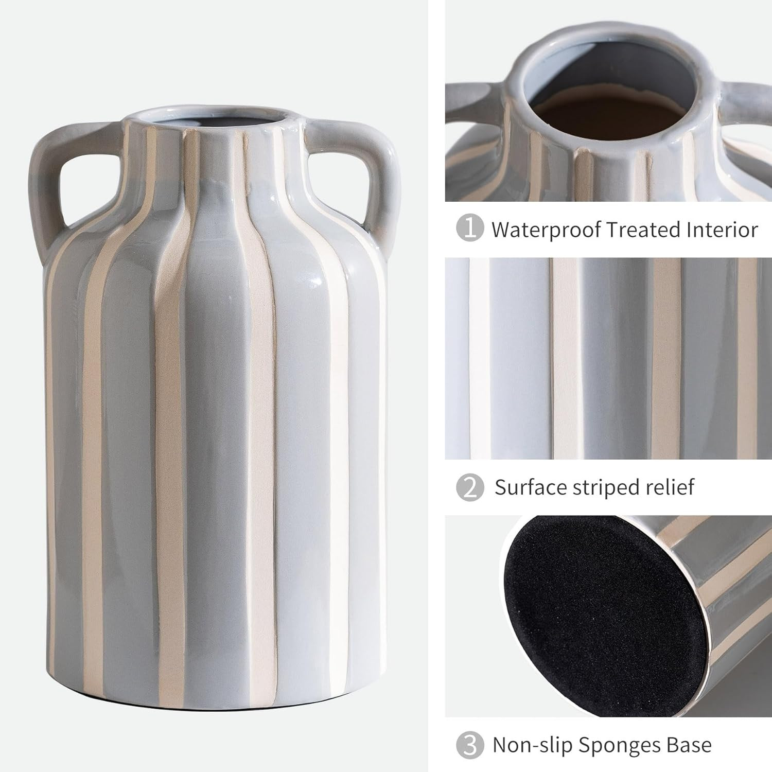 for Mom from Daughter or Son, Ceramic Grey & White Checkered Stripe Vase with Handles 9.1”, Han... | Amazon (US)