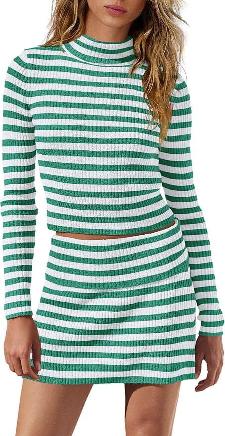 Panadila Womens Striped Sweater Skirt Sets 2 Piece Lounge Set Turtleneck Sweater and Mini Skirts ... | Amazon (US)