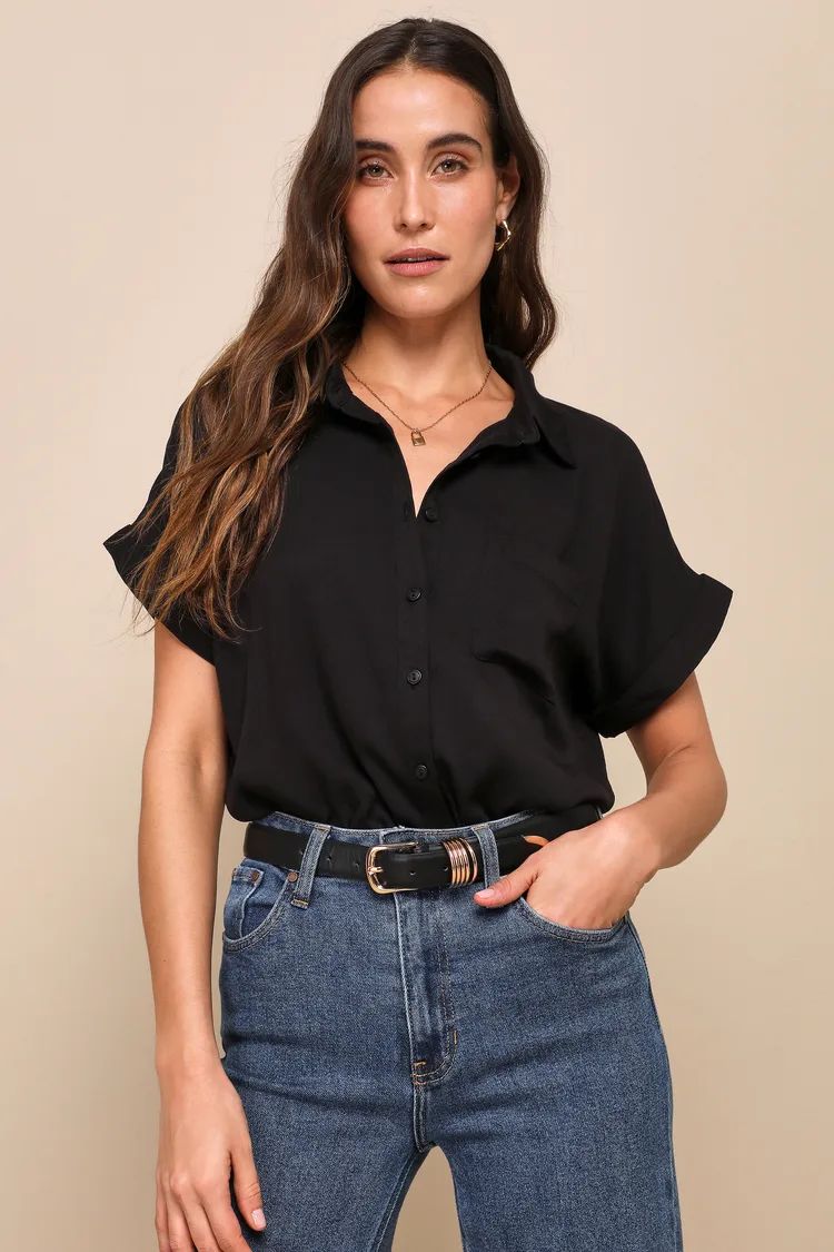 Blythe Black Short Sleeve Button-Up Top | Lulus