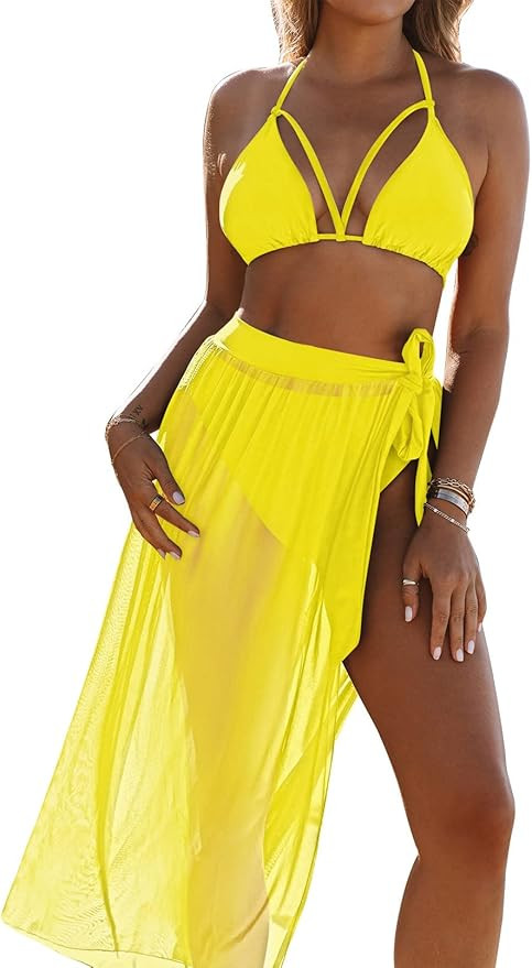 Kisscynest Women's Halter Neck Cut Out 3 Pieces Swimwear with Mesh Maxi Skirt | Amazon (US)