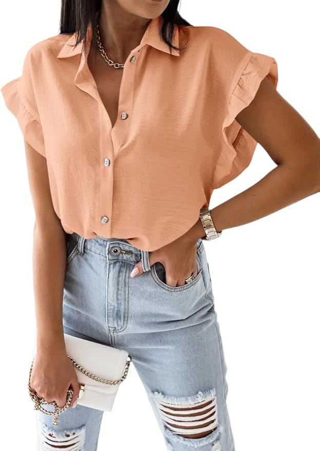 Coololi Women's Button Down Shirts Short Ruffled Sleeve V Neck Button up Blouse Casual Summer Top... | Amazon (US)