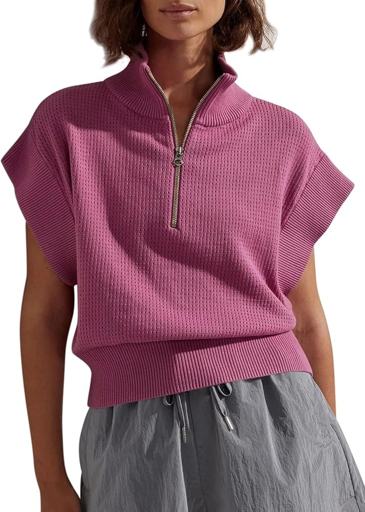 Langwyqu Womens Short Sleeve Cropped Knit Tops Half Zip Cap Sleeve Lightweight Oversized Sweater ... | Amazon (US)