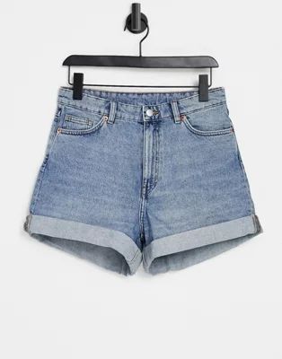 Monki Tallie organic cotton turn up denim shorts in blue | ASOS (Global)