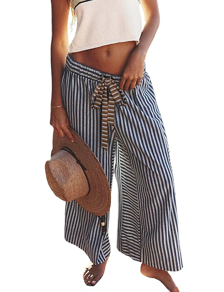 Bankeng Women Drawstring Striped Pants Loose Wide Leg Lounge Pants Casual Palazzo Pants Trousers ... | Amazon (US)