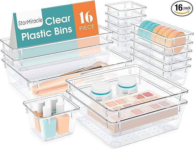 16 PCS Drawer Organizer Set, 5 Varied Size Bathroom and kitchen Drawer cabinet organizer Trays, C... | Amazon (US)
