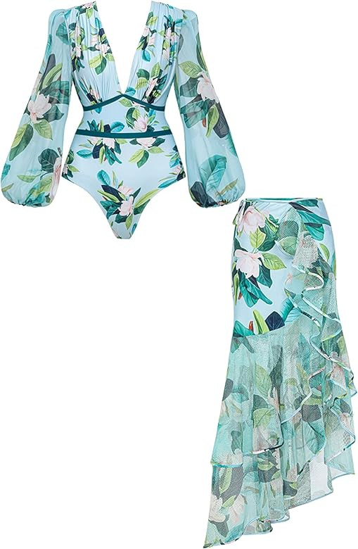 FLAXMAKER Women One Piece Long Sleeve Deep V Neck Grapes Print Long Sleeve Padded Swimsuit Two Pi... | Amazon (US)