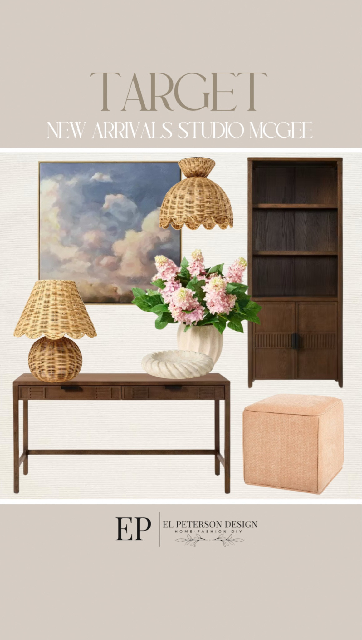 Studio McGee new release 
Artwork
Tanks lamp
Potted flowers
Bowl
Rattan flush mount light
Tall accent cabinet 
Ottoman


#LTKHome