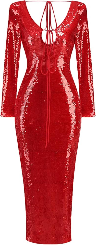 meilun Deep V Dress with Drawstring Long Sleeve Sequin Dress for Women Long Gown | Amazon (US)