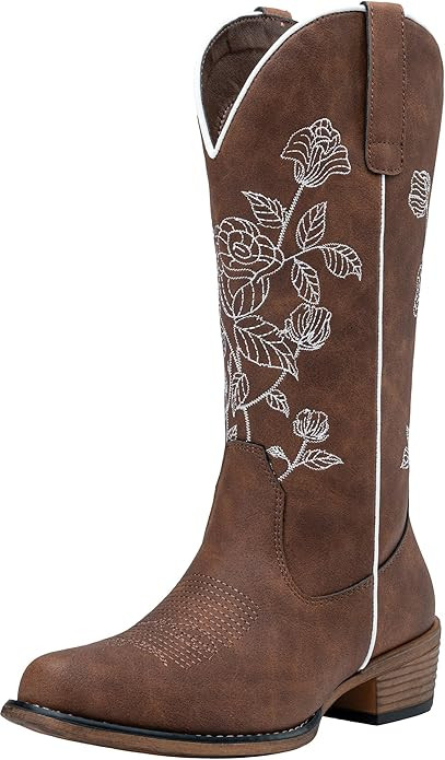 Jeossy Women's Cowboy Mid Calf Boots with Embroidery Flower, Low Heel Western Cowgirl 9807 Boots | Amazon (US)