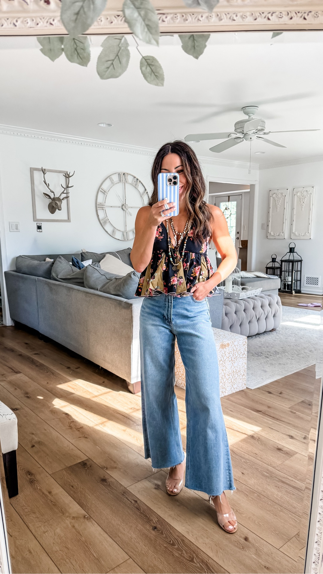 Wide leg jeans, 26. Tank small. Clear heels TTS. Date night outfit. Bra code LONGWEEKEND

#LTKOver40 #LTKPetite #LTKSaleAlert