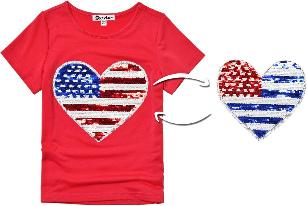Jxstar Girls 4th July Shirts Flip Sequin American Flag T-Shirt Tops Short Sleeve Summer Clothes | Amazon (US)