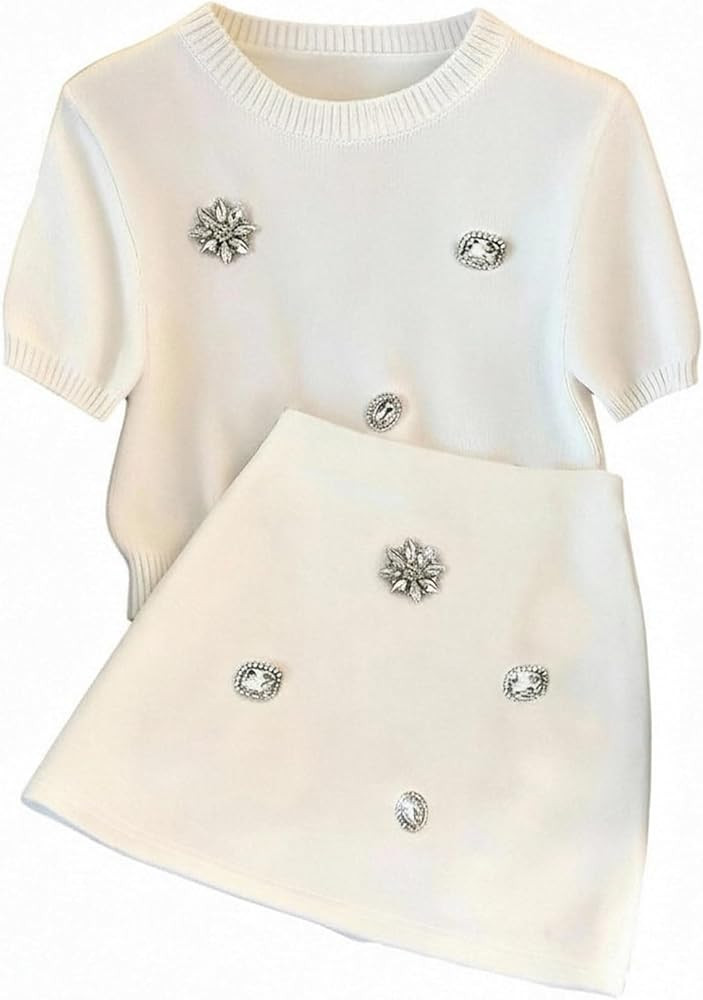 GORGLITTER Women's Skirt Sets 2 Piece Outfits Rhinestone Short Sleeve Tops and Mini Skirts Dressy... | Amazon (US)