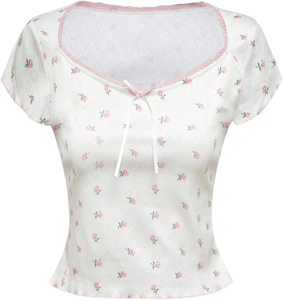 SOLY HUX Women's Summer Short Sleeve Y2k Tees Ditsy Floral Lace Bowknot Tshirts Kawaii Crop Tops | Amazon (US)