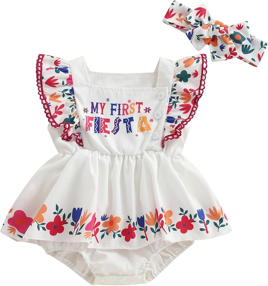 Newborn Girl Summer Clothes Cinco De Mayo My First Fiesta Outfit Flower Print Ruffle Sleeveless R... | Amazon (US)