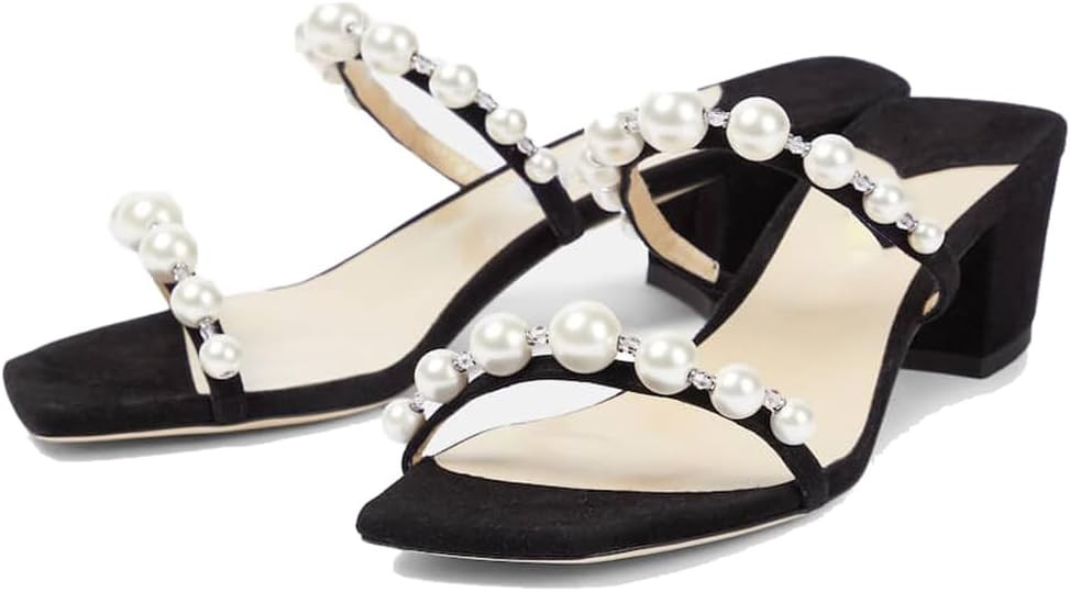 YIYA Women's Pearl Chunky Heels Slides Mules Two Strap Open Square Toe Block Low Heels Slip On He... | Amazon (US)