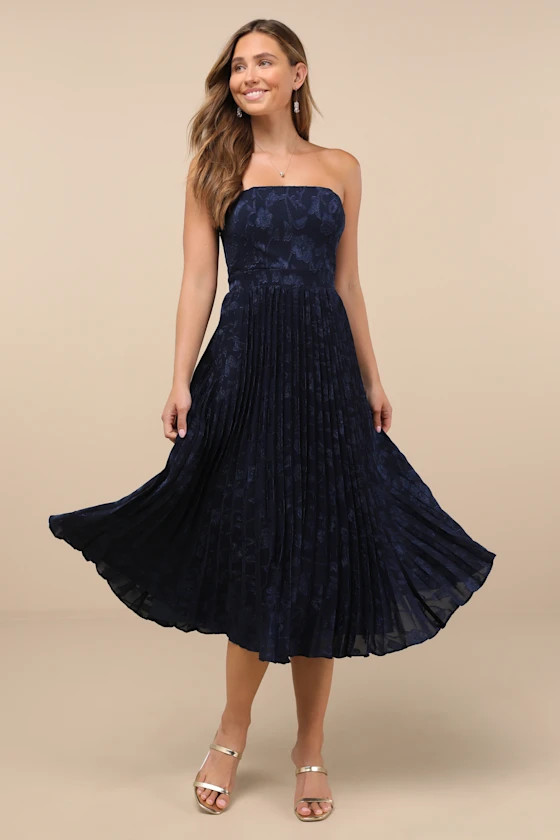 Perfectly Stunning Navy Jacquard Strapless Midi Dress | Lulus