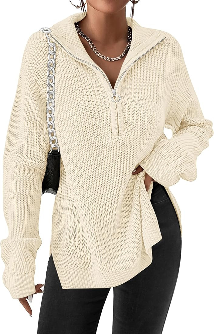 Zeagoo Women's Fashion 2023 Fall Quarter Zip Pullover Long Sleeve Oversized Knit Sweater Tops | Amazon (US)