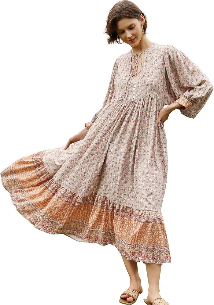 Womens Summer Fall Boho Floral 3/4 Sleeve Midi Flowy Babydoll Casual Dress | Amazon (US)