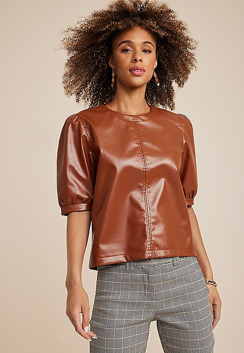 Vigoss® Faux Leather Puff Sleeve Blouse | Maurices