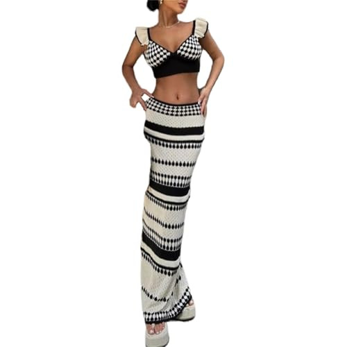 Crochet Knit 2 Piece Skirt Set for Women Knit Top Striped Bodycon Long Skirt Beach Cover Up Streetwear (White,S,Small) | Amazon (US)
