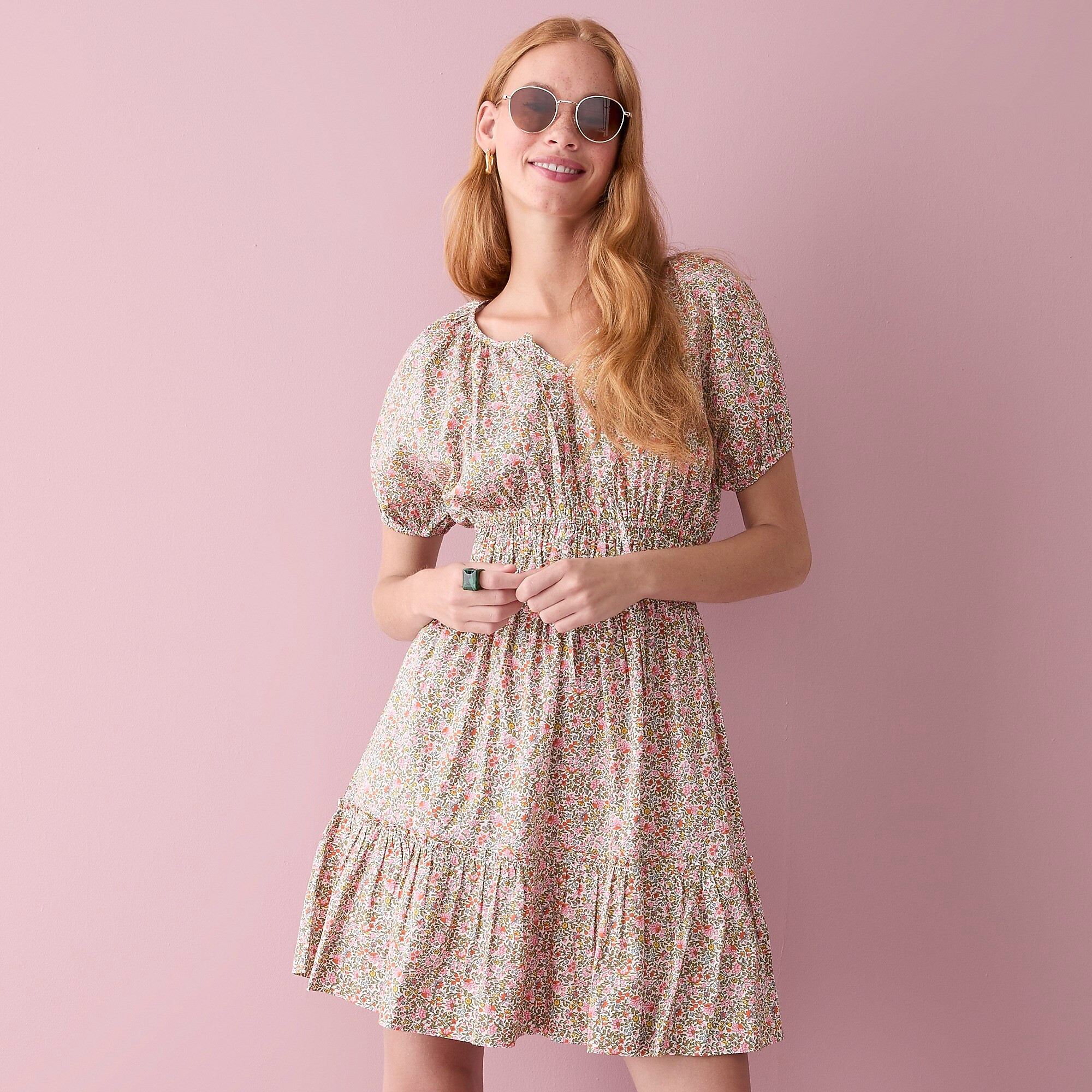 Cinched-waist puff-sleeve dress in scattered blooms | J. Crew US
