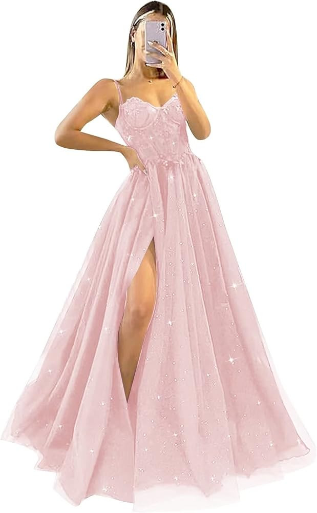 Spaghetti Straps Glitter Prom Dresses Sweetheart Tulle Ball Gown with Slit Lace Appliques Formal ... | Amazon (US)