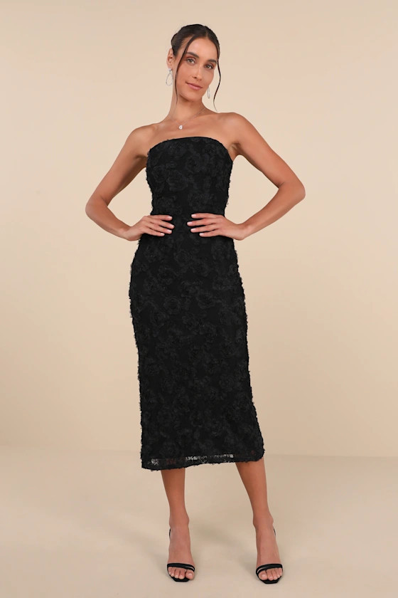 Flawless Perfection Black Floral Applique Strapless Midi Dress | Lulus