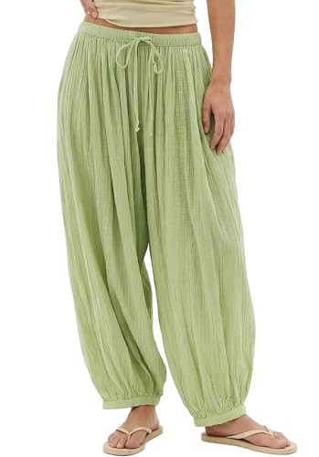 Jenkoon Womens Balloon Pants Summer Flowy Wide Leg Pants Cotton Drawstring Vacation Beach Pants | Amazon (US)