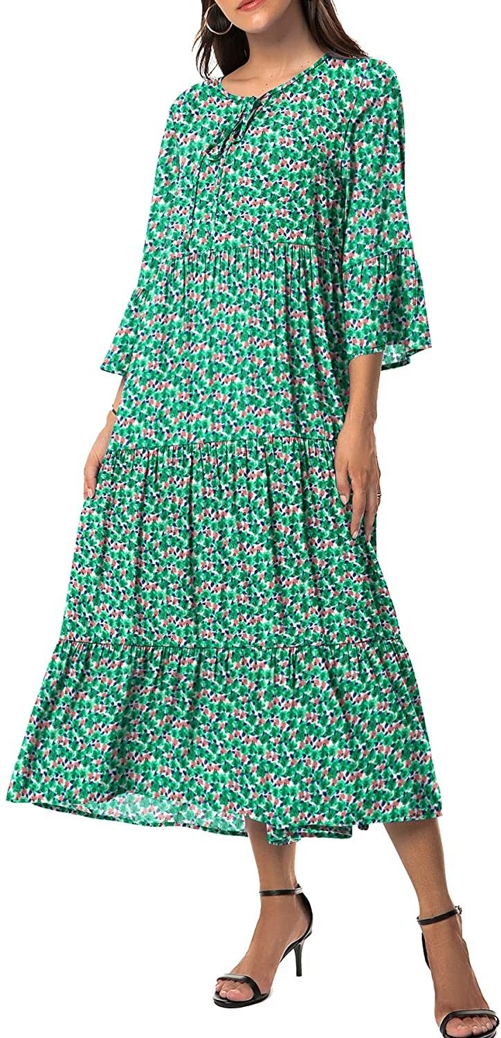 VIISHOW Womens 3/4 Sleeve Summer Boho Dress Front Tie Neck Vintage Floral Print Ruffle Hem Casual Bo | Amazon (US)