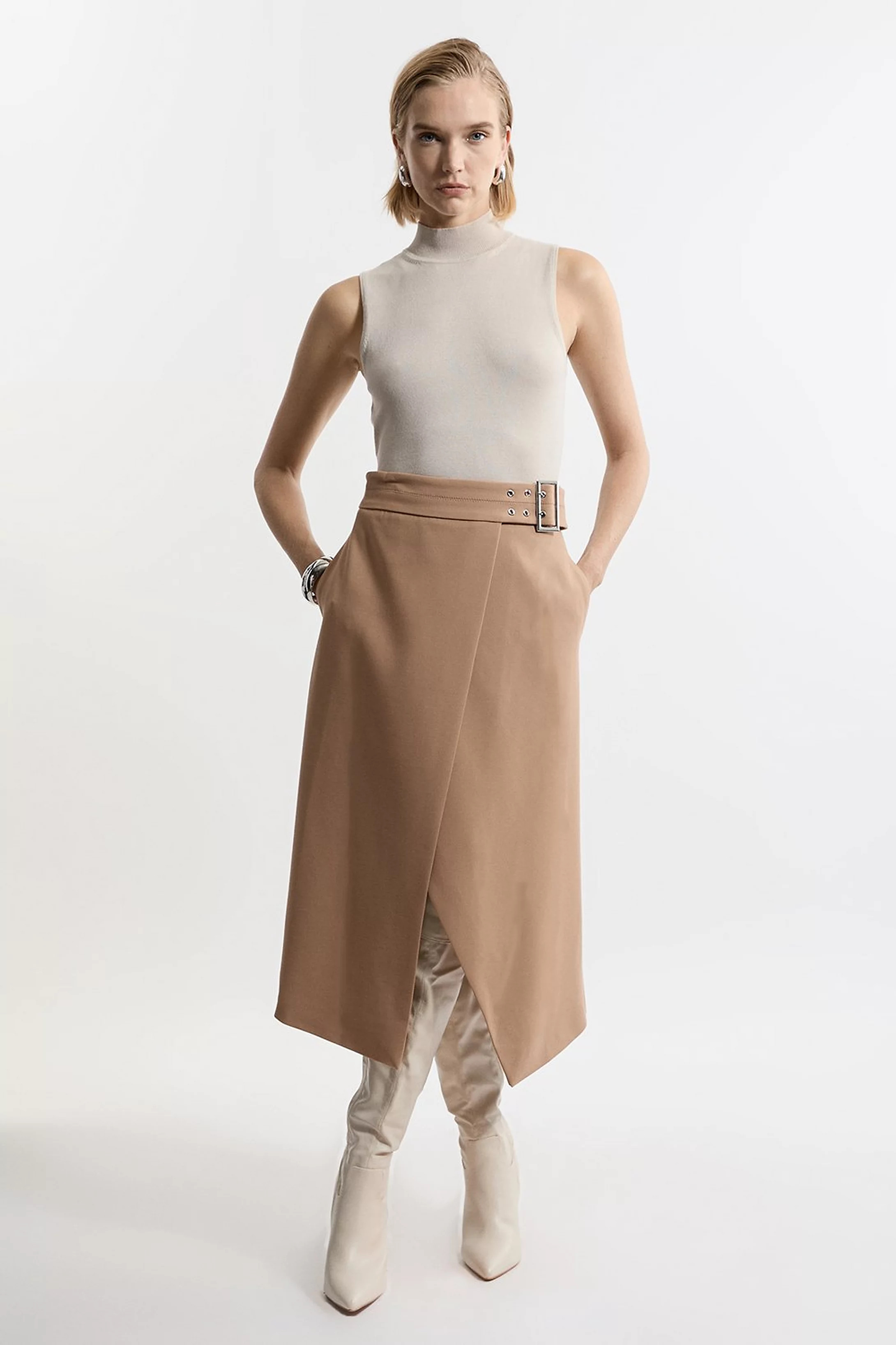 Compact Stretch Wrap Over Belted Tailored Maxi Skirt | Karen Millen US