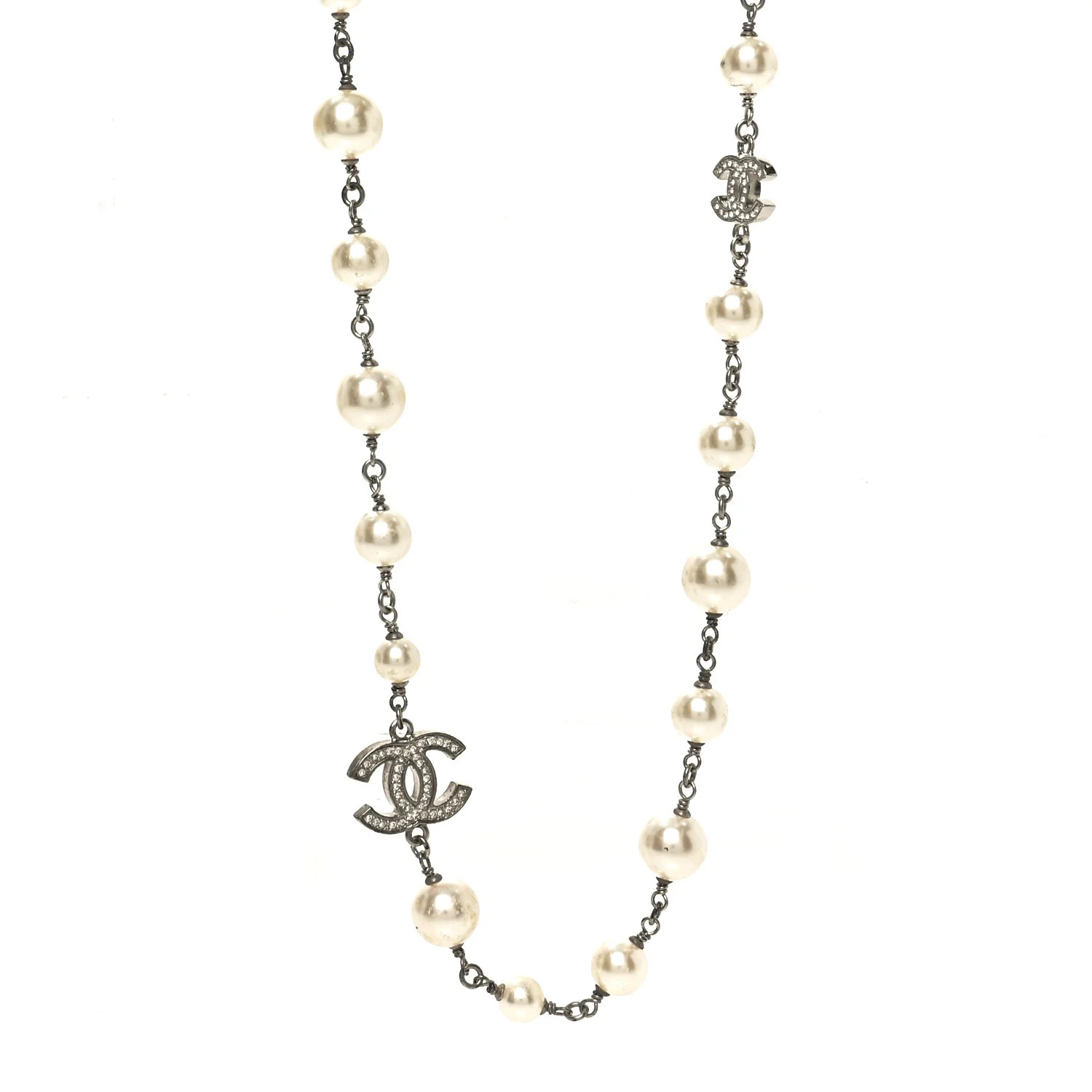 Crystal Pearl CC Long Necklace Silver | FASHIONPHILE (US)