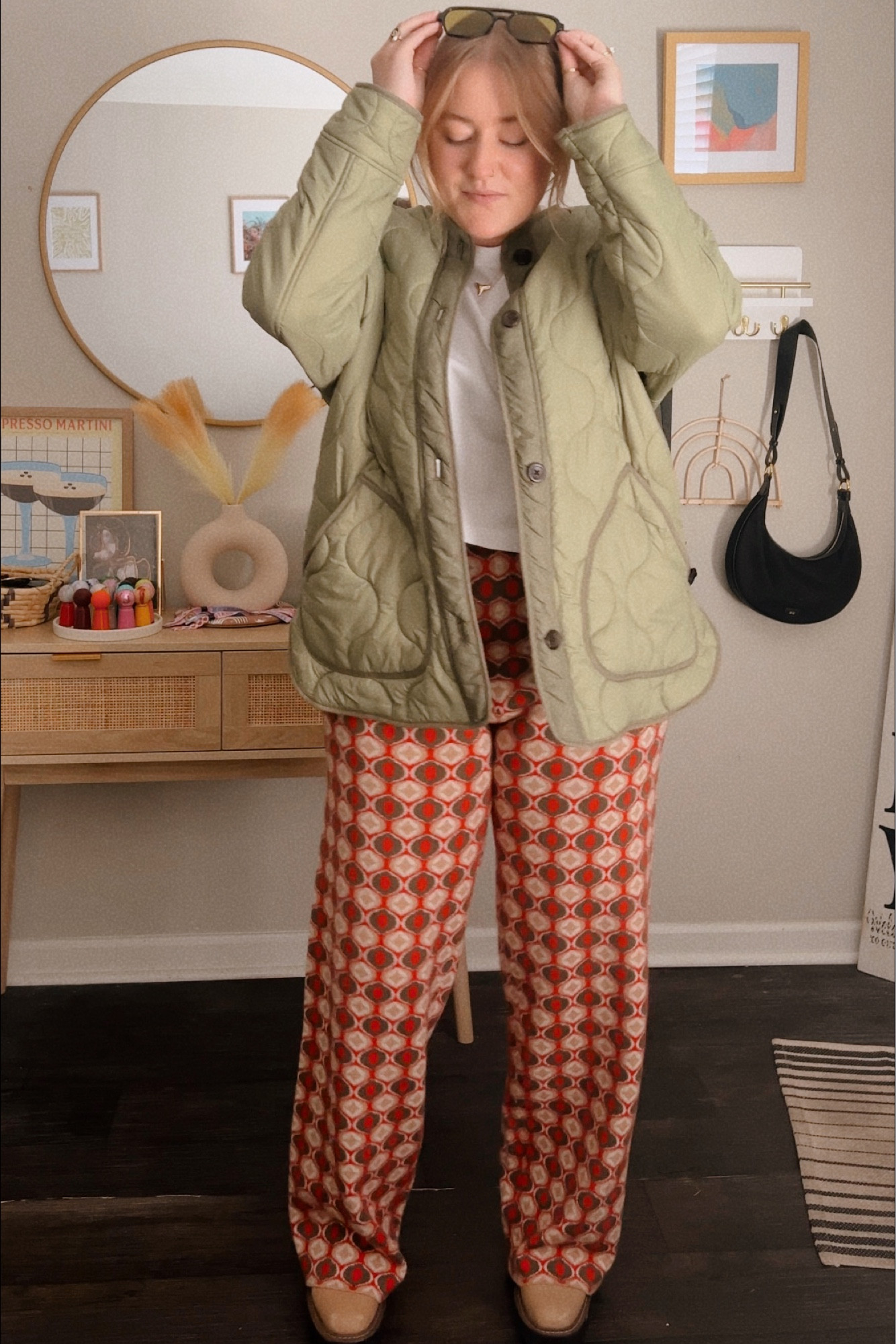 Abercrombie quilted jacket, show me your mumu printed pants, Sam Edelman laguna boots, Chelsea boots, colorful winter style, midsize outfit

#LTKstyletip #LTKcurves #LTKfit